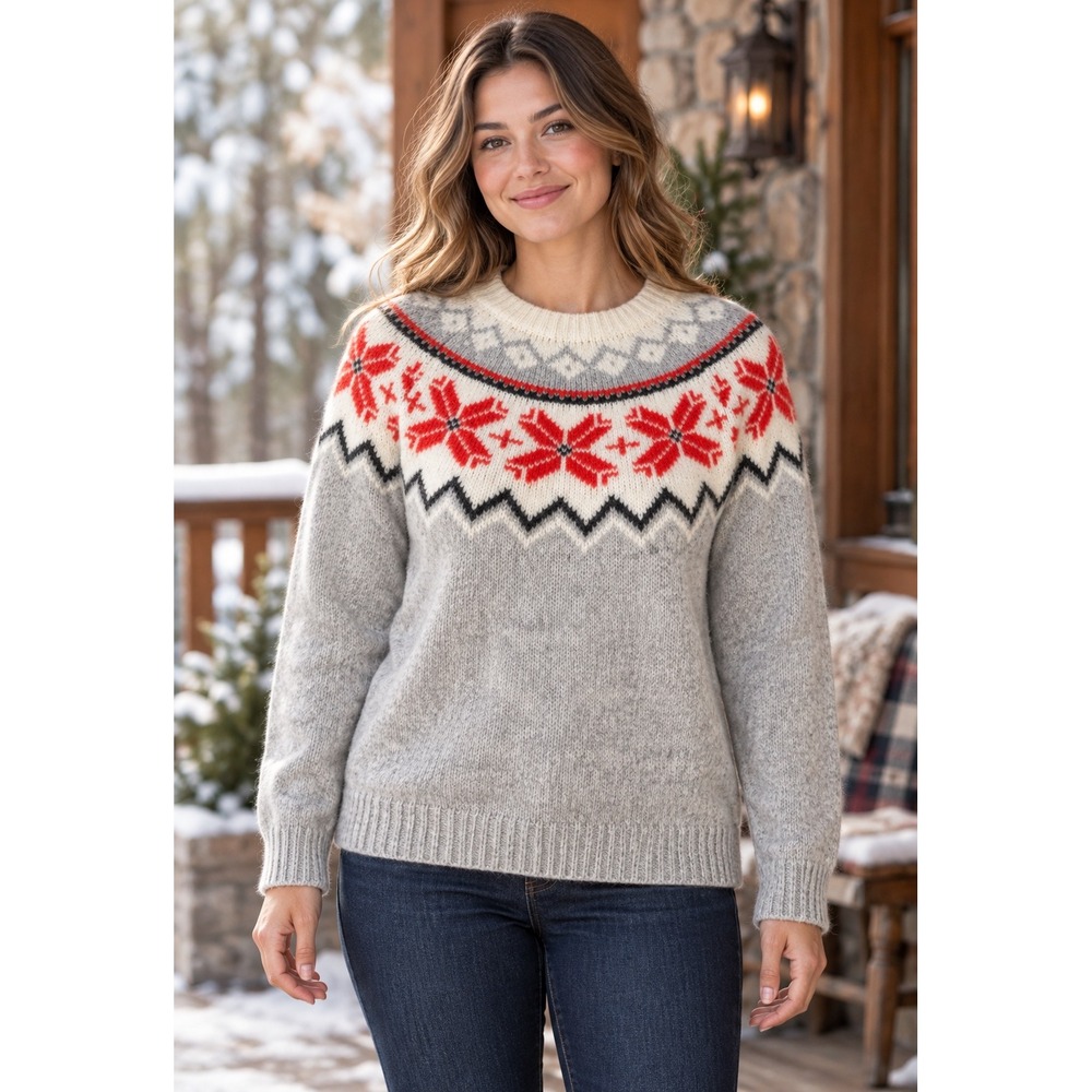 Après Ski Aerie Fair Isle Snowflake Sweater Small Gray Red Ivory Cozy Knit Small